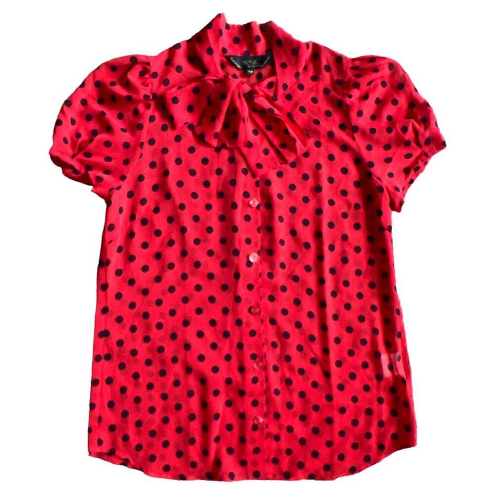 To B by Again B Red Polka Printed Short Sleeve Sheer Top, S